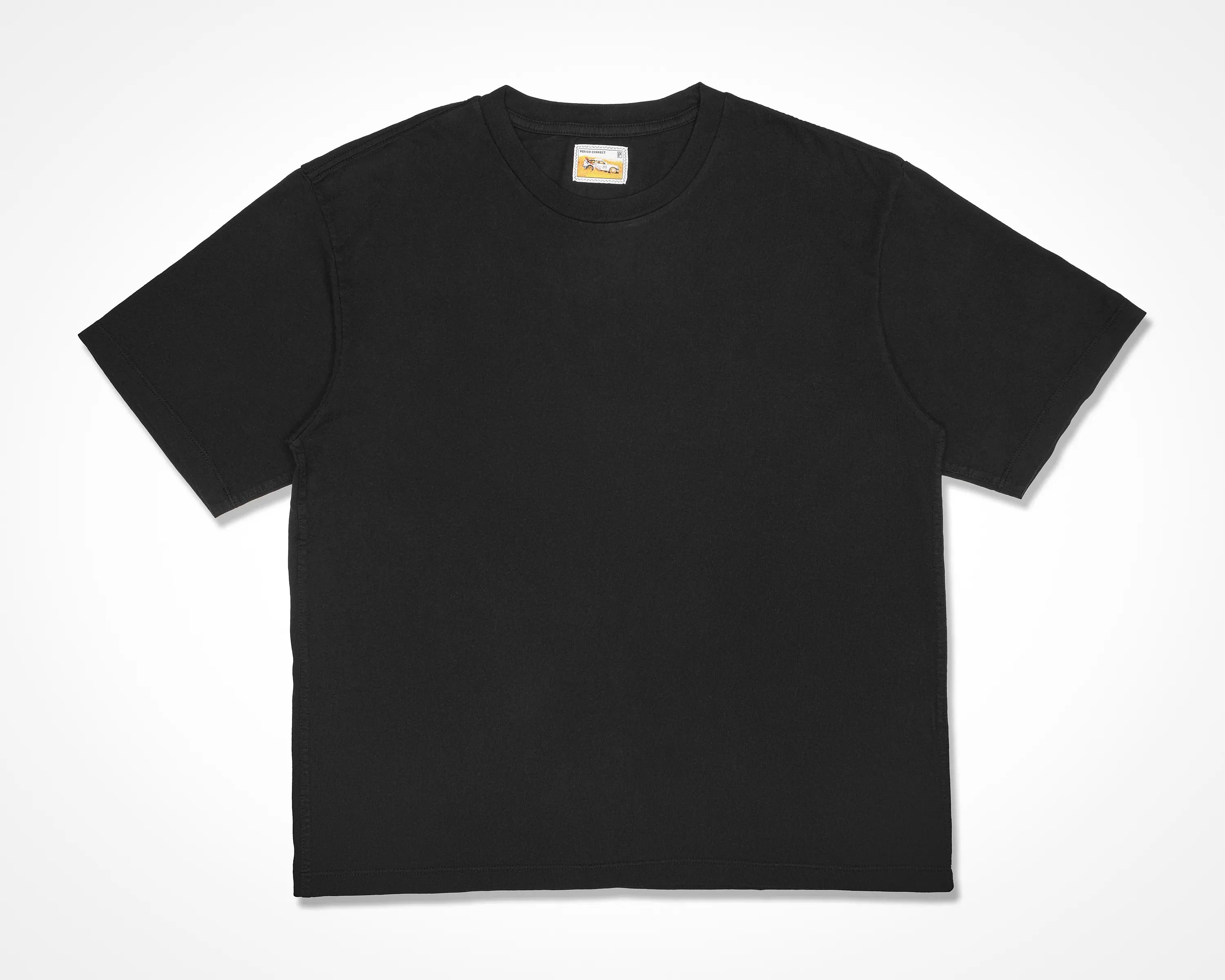 Black short-sleeve crew neck t-shirt with a small rectangular label inside the collar.
