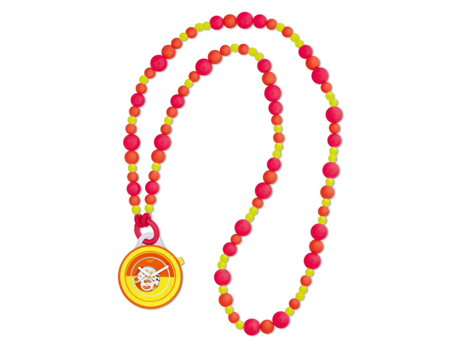 Neon yellow, orange, and pink beaded necklace with a round yellow and orange watch pendant.