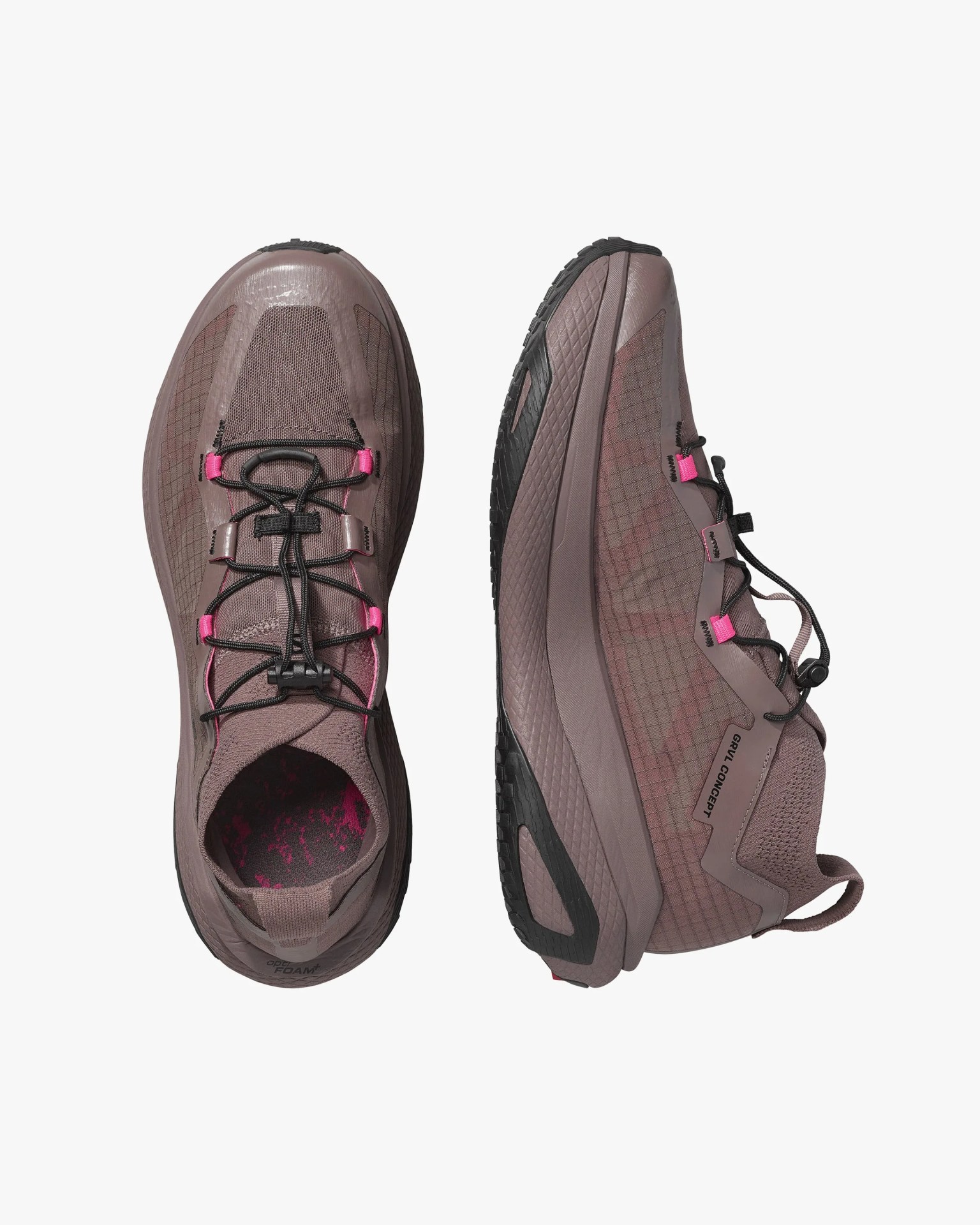 Pair of mauve trail running shoes with black soles and pink lace accents, one viewed from above and the other from the side.