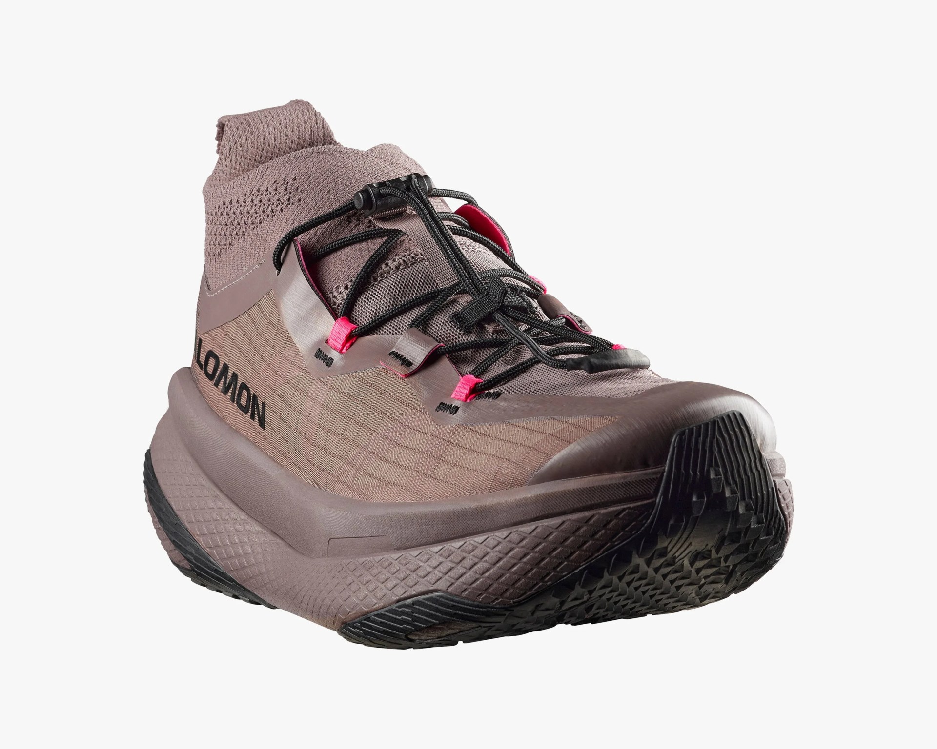 Taupe and pink trail running shoe with black laces and textured black sole.