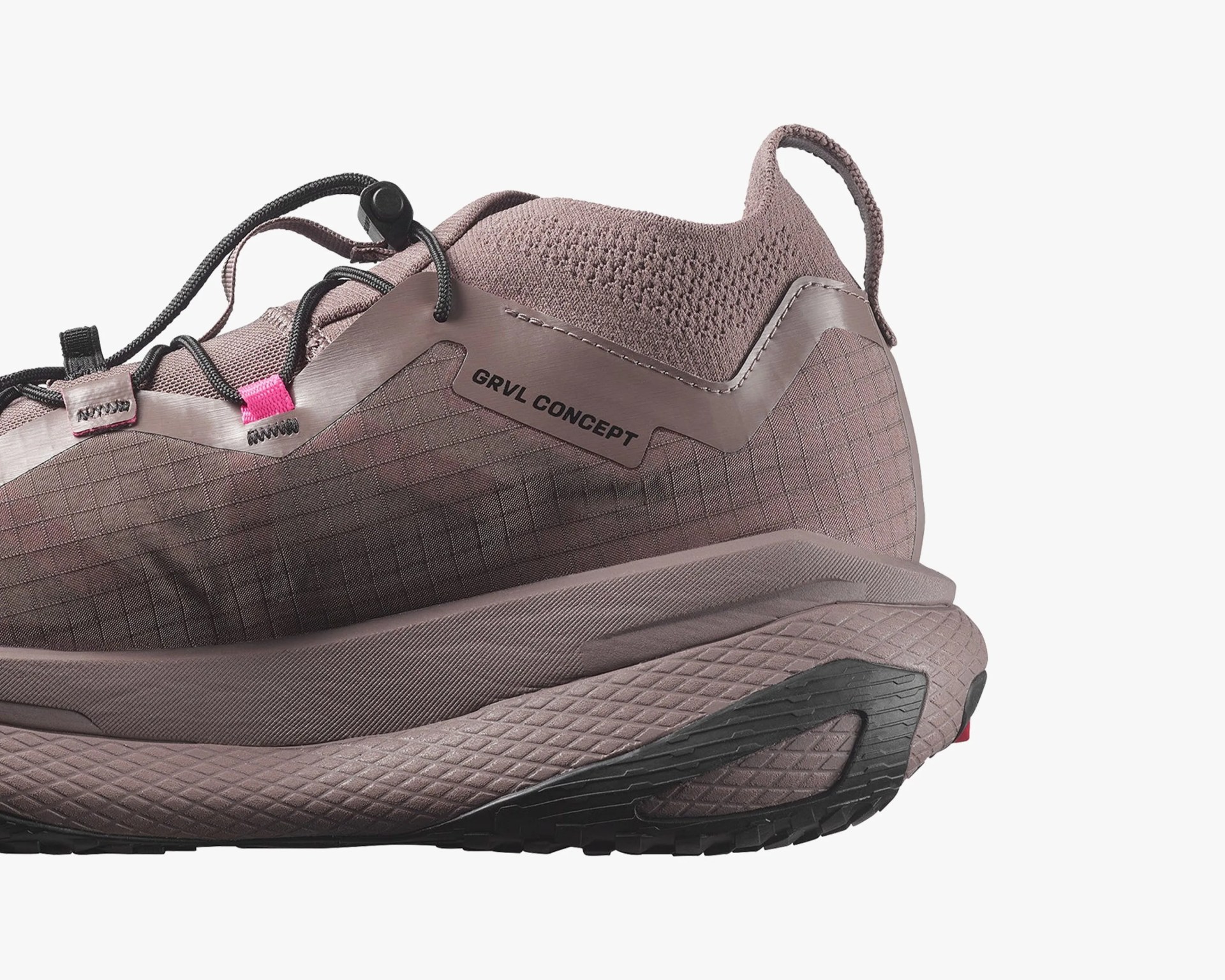 Mauve GRVL CONCEPT sneaker with textured sole and black laces featuring a pink accent.
