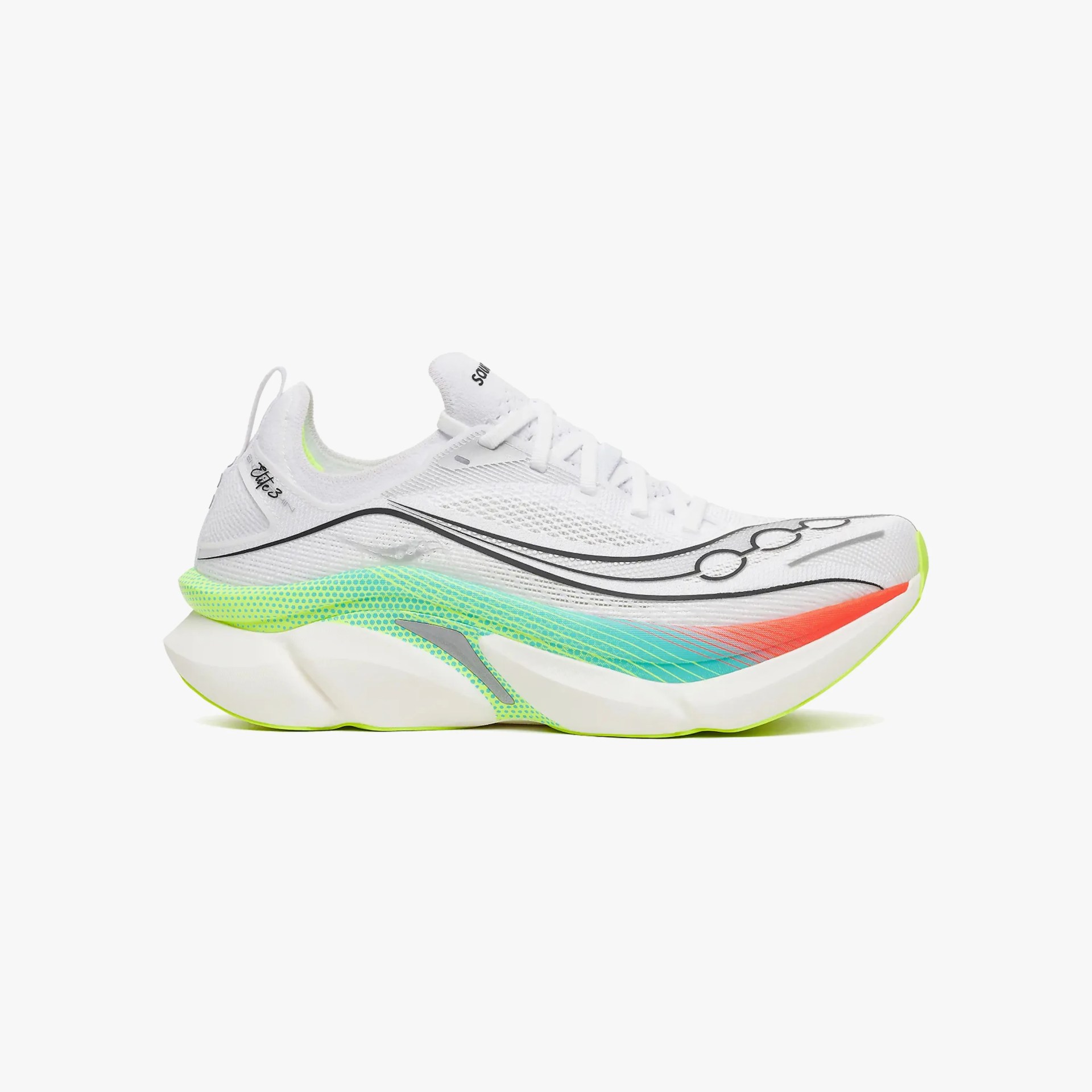 White running shoe with black accents and a multicolor sole in green, blue, and orange gradient.