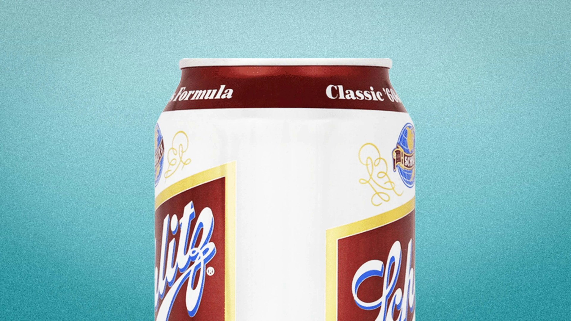 Top portion of a Schlitz beer can with a white and maroon label against a teal background.