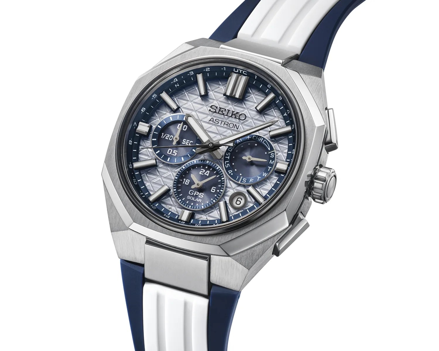 Seiko Astron GPS Solar watch with textured silver and blue dial, stainless steel case, and blue and white strap.