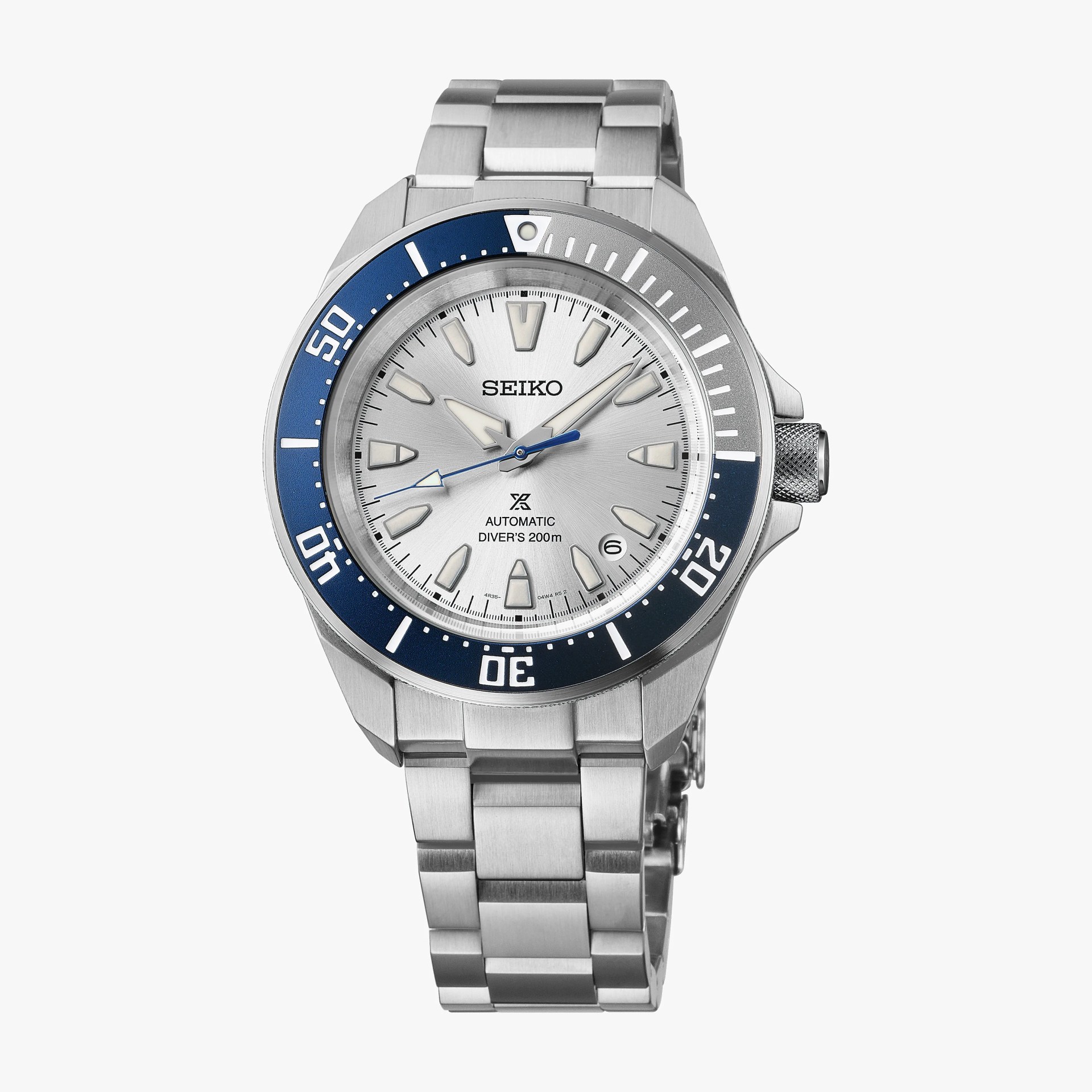 Silver Seiko automatic diver's watch with blue and silver bezel and stainless steel bracelet.