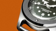 Close-up of a stainless steel watch case and bezel with a black dial showing "CHRONOMÈTRE ÉTANCHE" text.