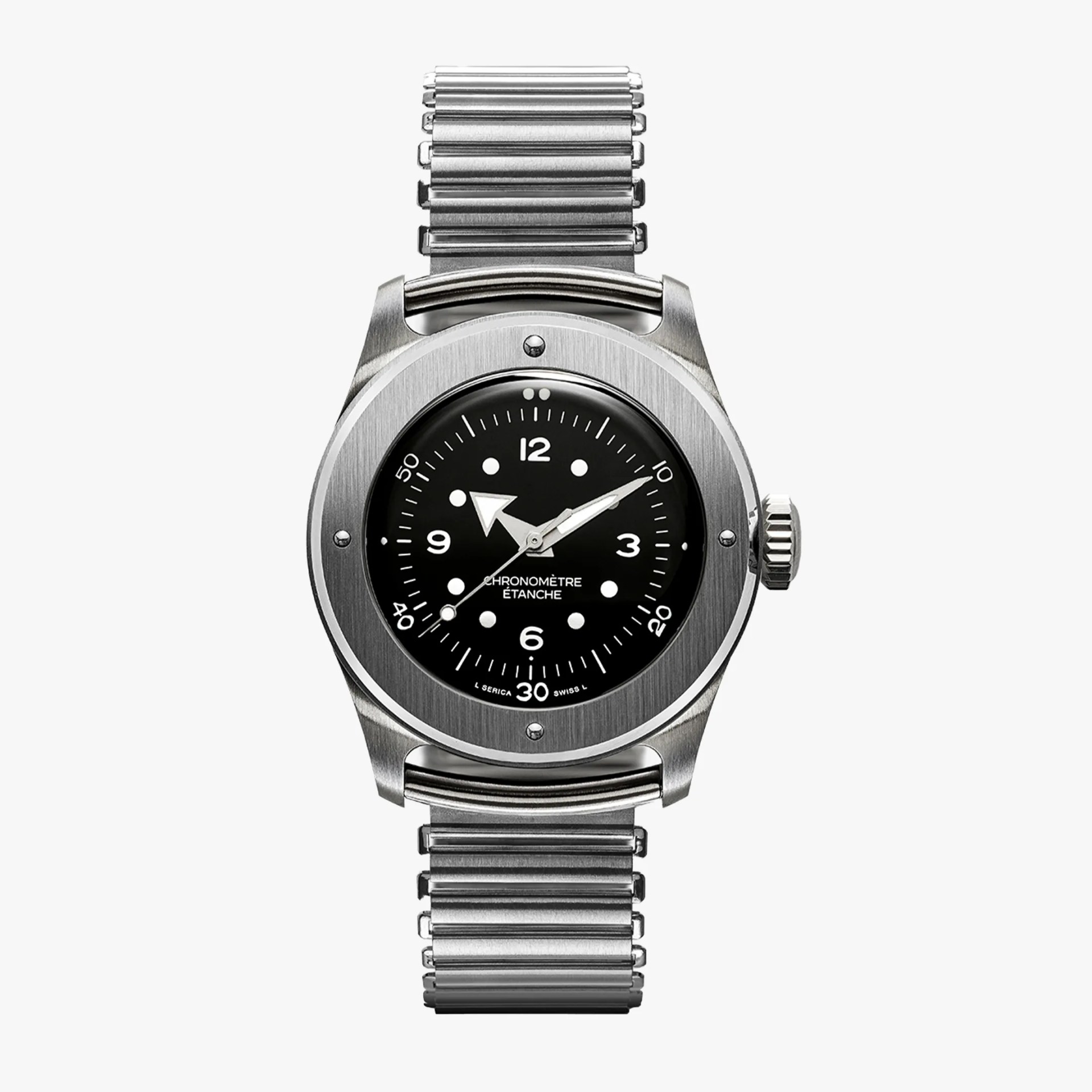 Stainless steel wristwatch with black dial, white numerals, and expandable metal band.