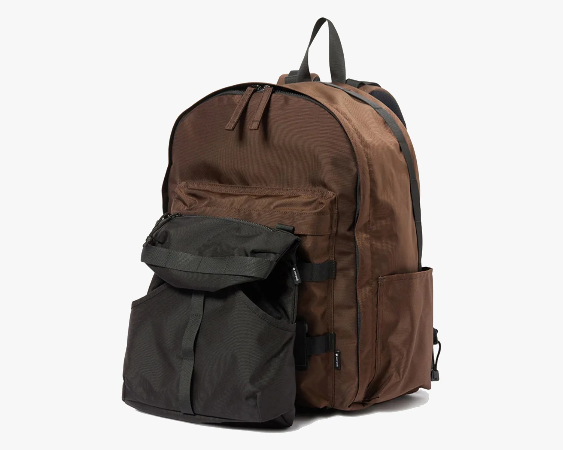 Brown and black backpack with multiple zippered compartments and a top handle.