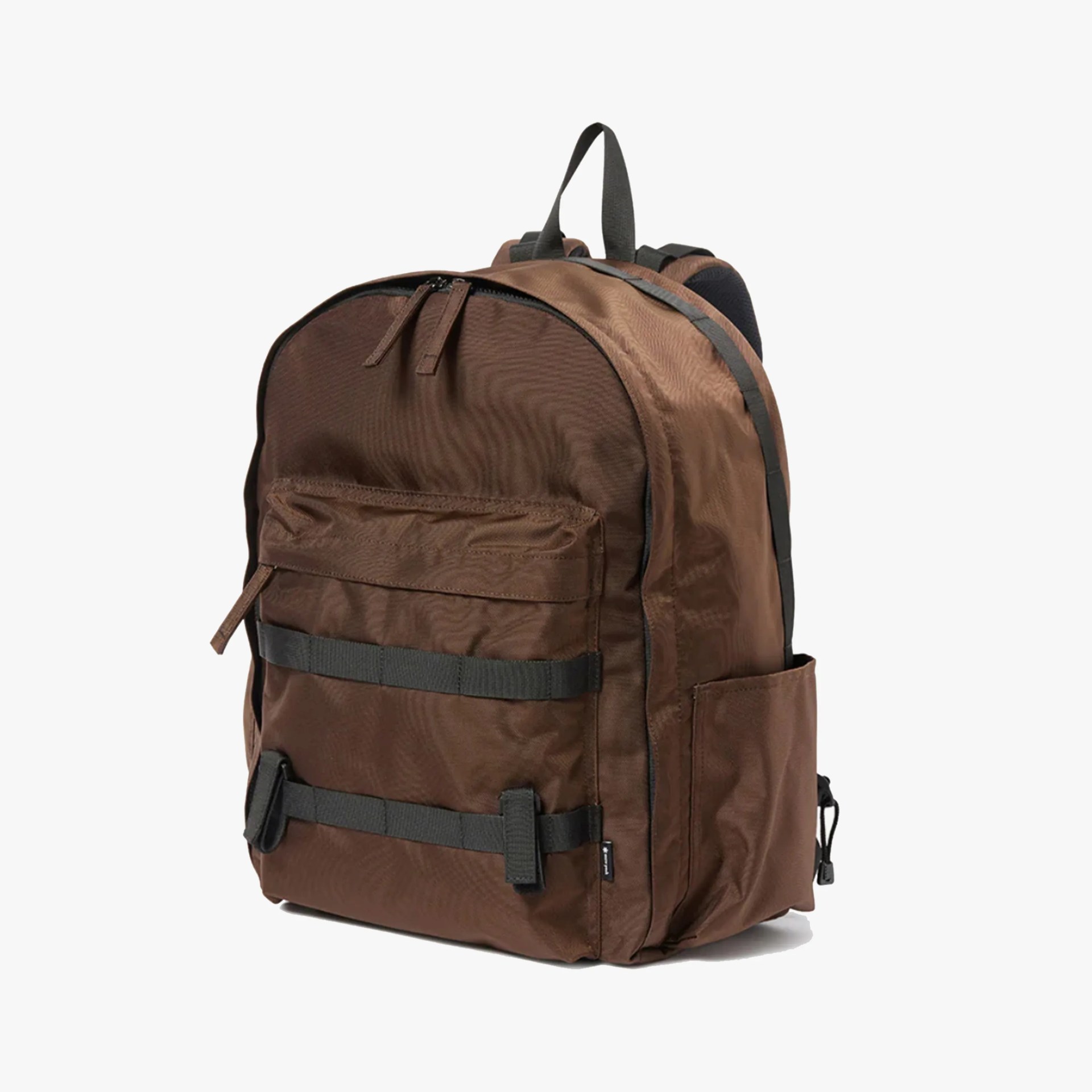 Brown fabric backpack with black straps and front zippered pocket on a white background.