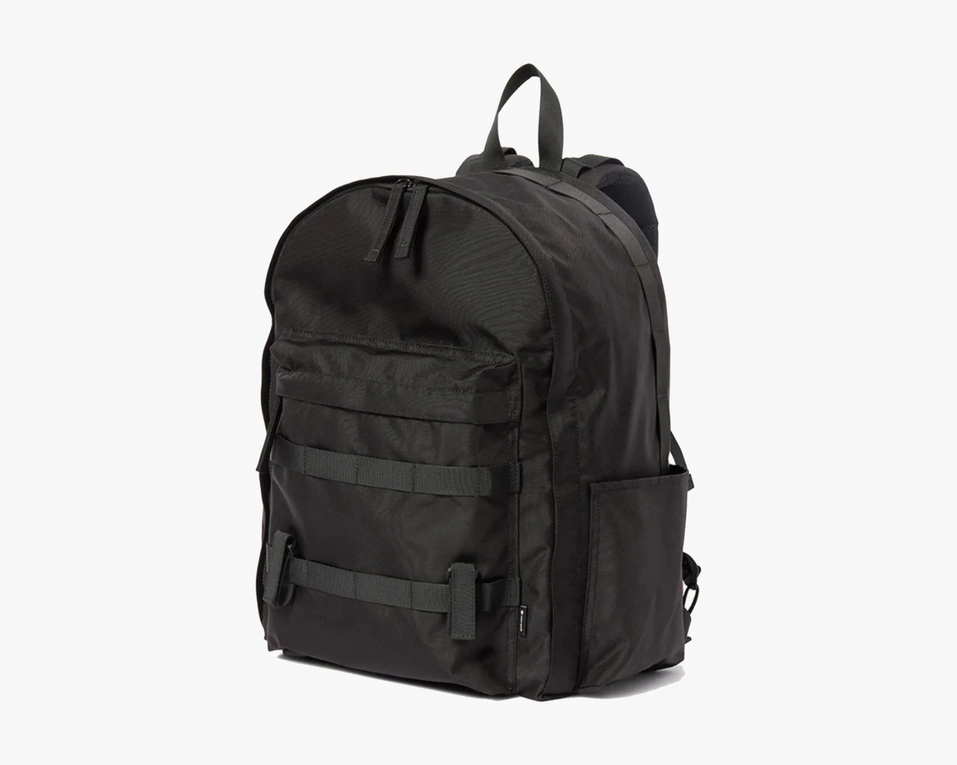 Black nylon backpack with front zipper pocket, adjustable straps, and side pockets.