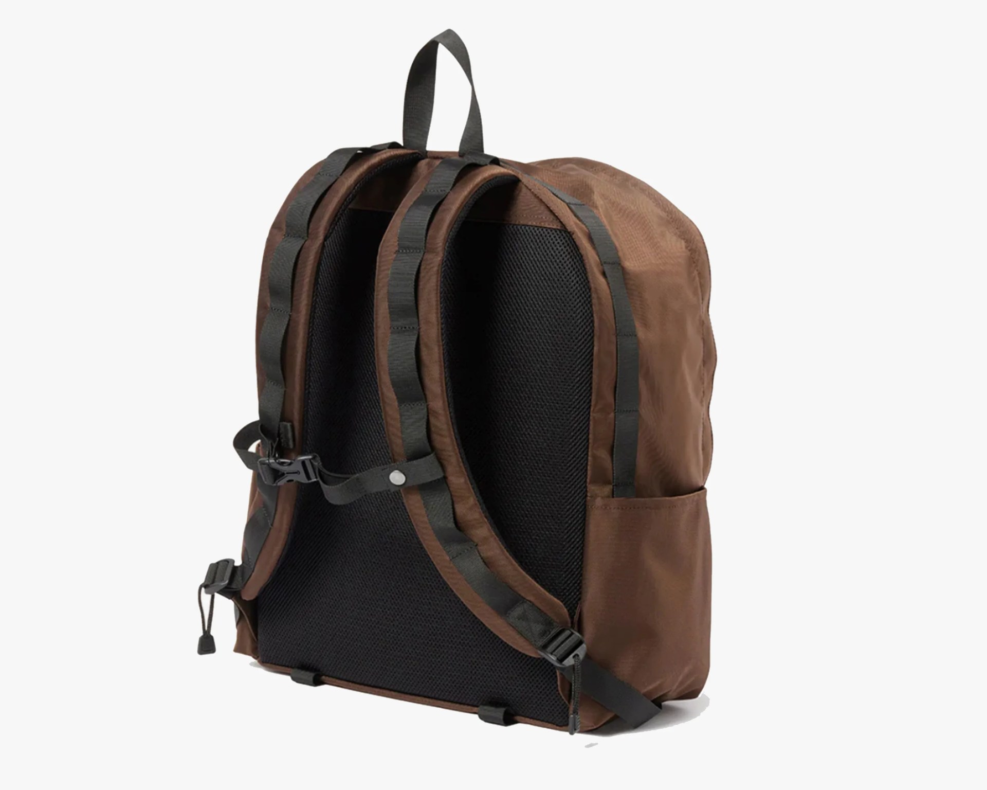 Brown backpack with black padded back panel and adjustable black straps.