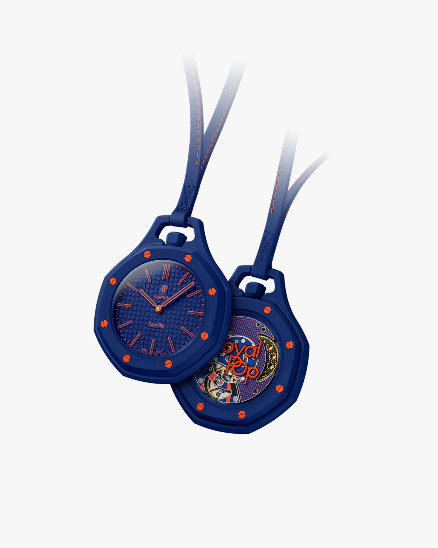 Two blue octagonal watches with orange accents and straps, one showing a textured dial and the other a mechanical back with "Royal Pop" text.