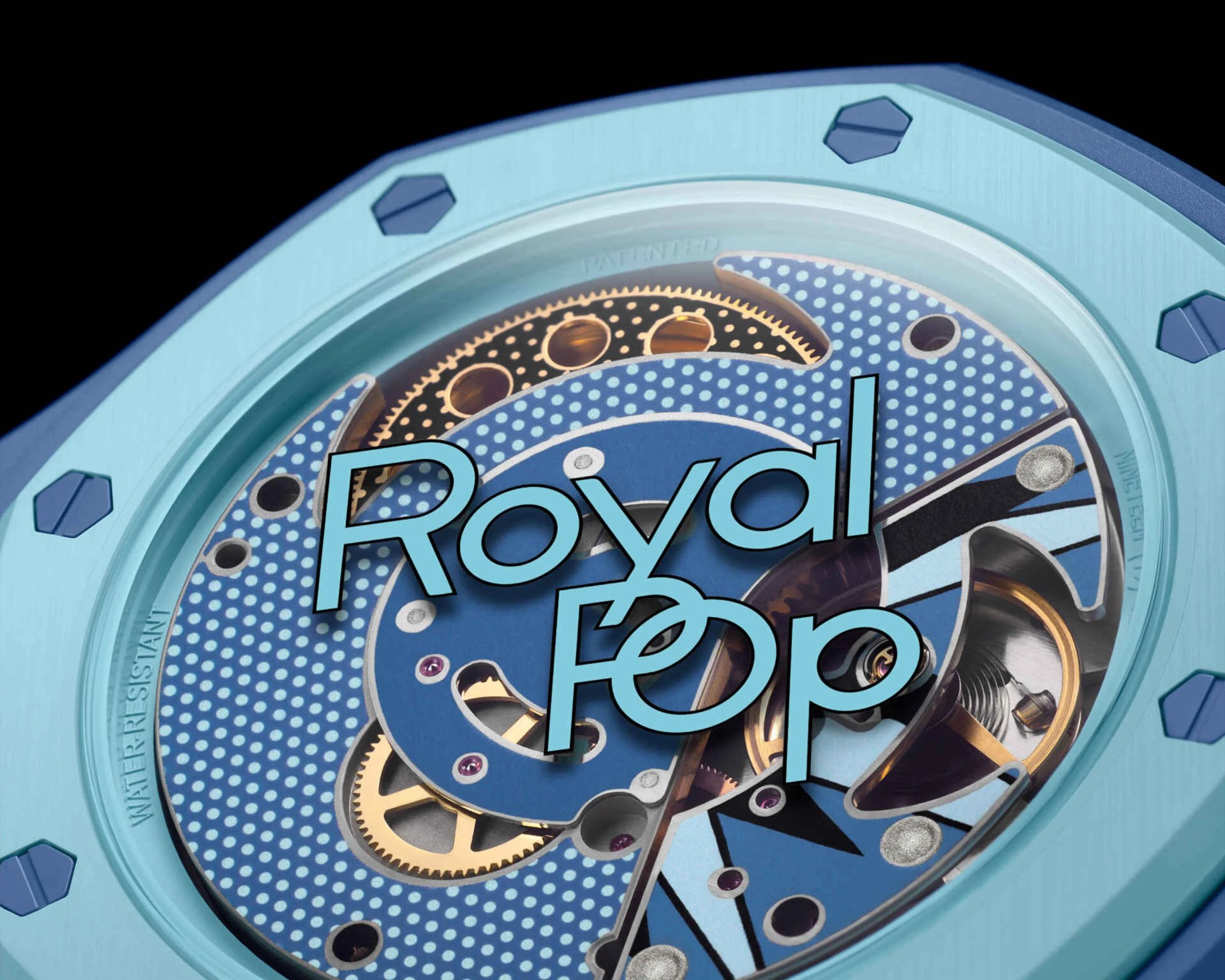 Close-up of a blue watch face with visible gears and screws, featuring the text "Royal" in large letters.