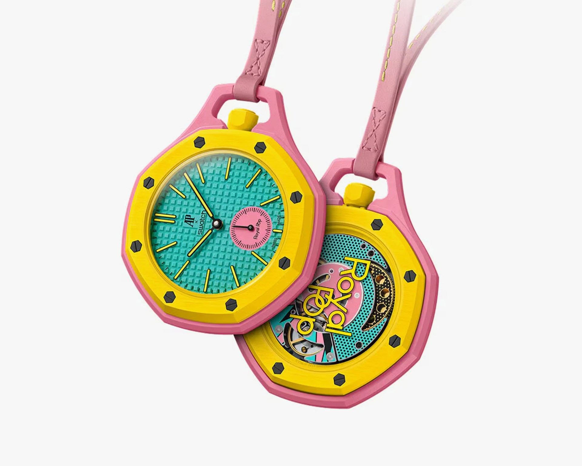 Pair of pink, yellow, and turquoise Swatch x AP Royal Oak watches with pink straps.