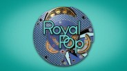 Circular mechanical watch movement with blue polka dot and striped patterns and the text "Royal Pop" overlaid.