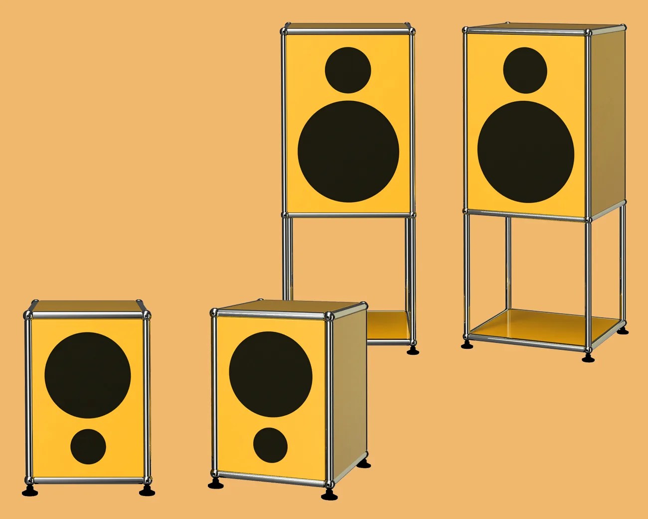 Set of four yellow and black speakers with metal frame stands on a tan background.