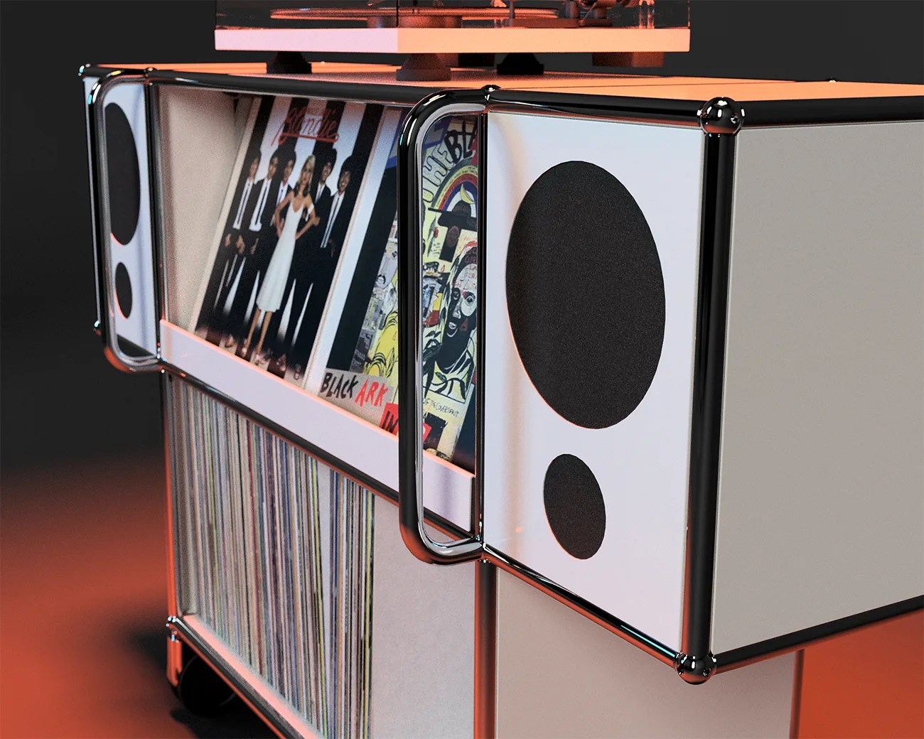 White modular vinyl record storage unit with chrome frame and black circular speaker covers.