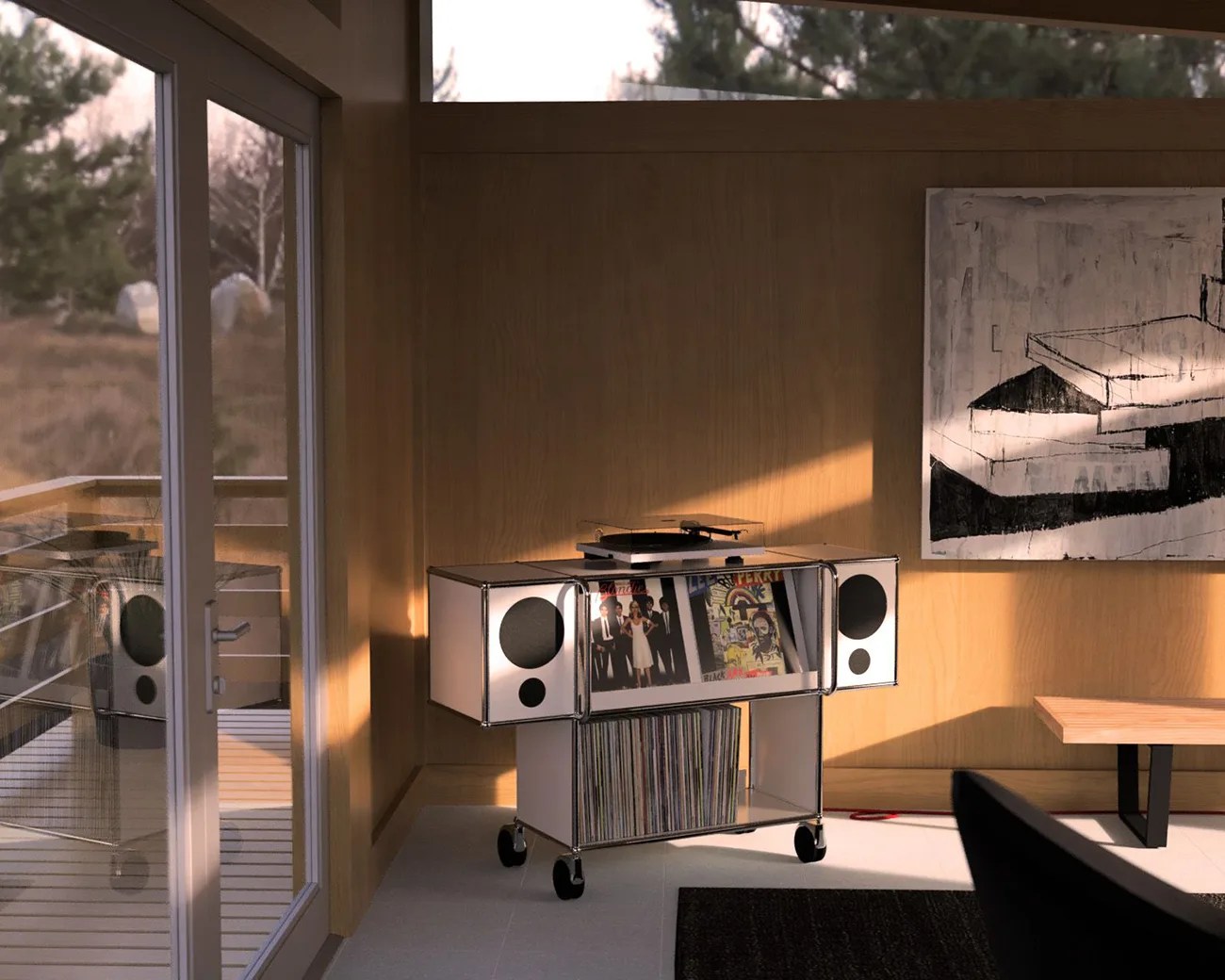 White modular record player cabinet with black circular speakers and vinyl records inside on caster wheels in a wood-paneled room.