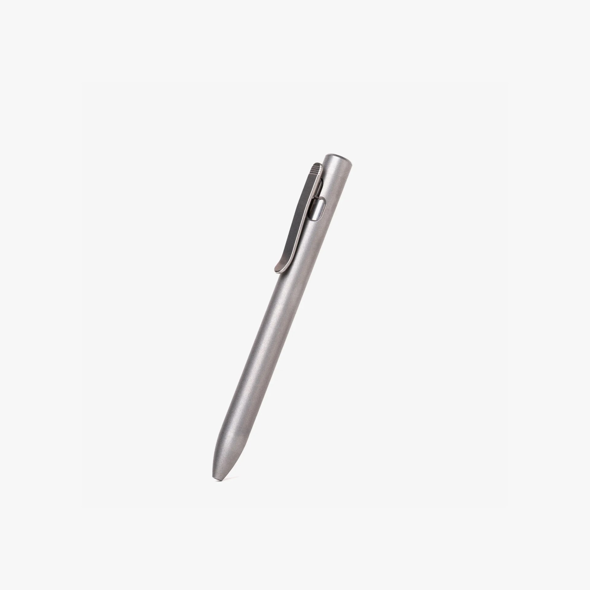Brushed metal pen with a clip on a white background.
