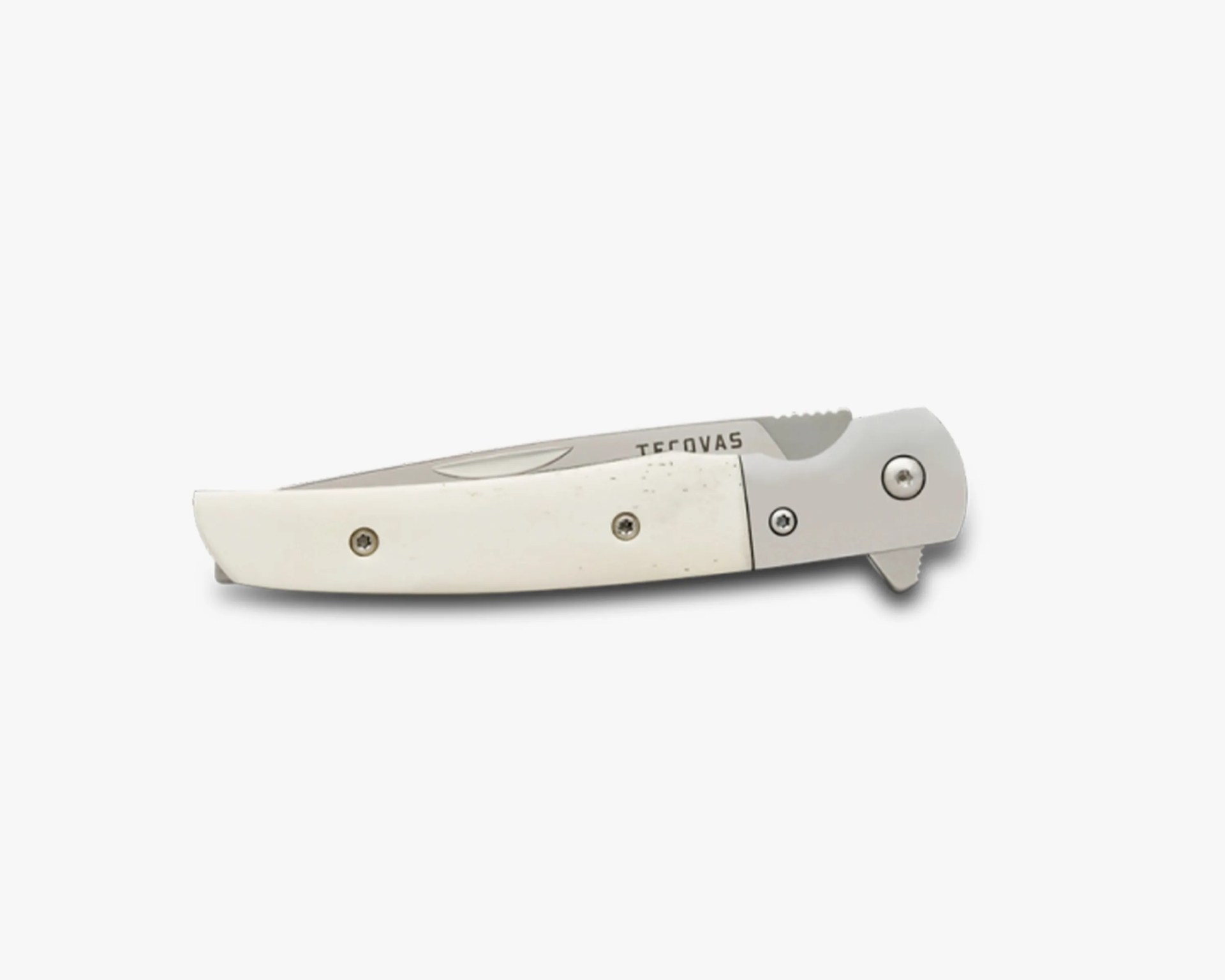 Closed folding pocket knife with white handle and visible "TEGOVAS" text on the blade.