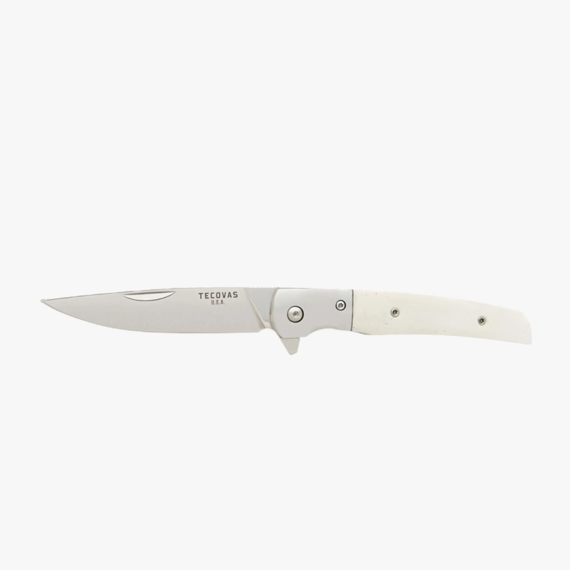 Folding knife with a stainless steel blade and white handle, marked "Tecovas U.S.A.