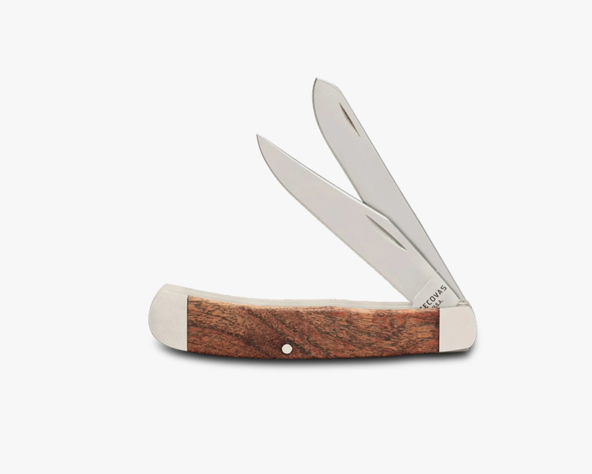 Pocket knife with two stainless steel blades and a wooden handle with metal bolsters.