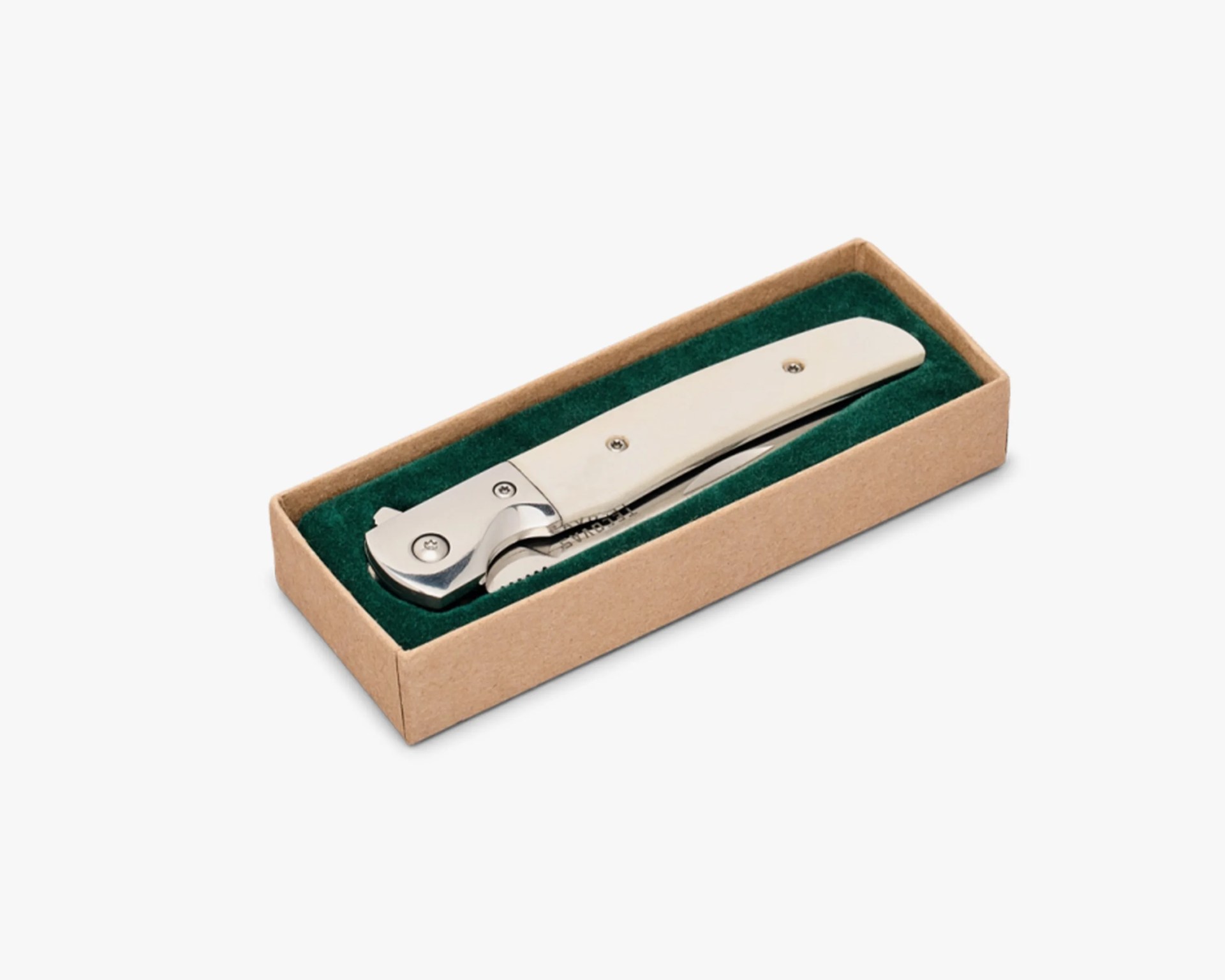 Silver folding knife with a white handle in a brown box with green felt lining.