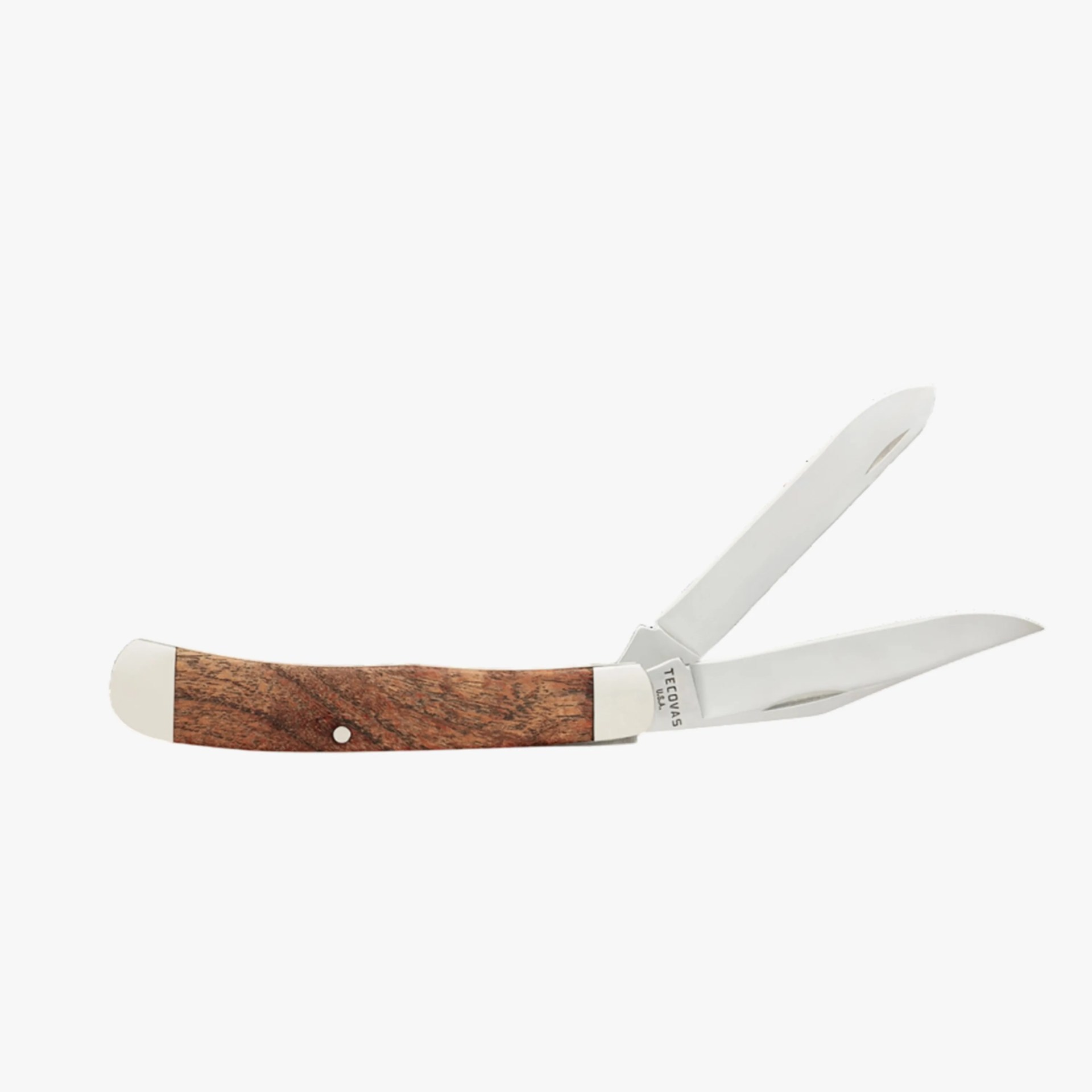 Pocket knife with three stainless steel blades and a wooden handle with metal bolsters.