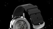 Back view of a Timex watch with a black leather strap and a transparent case back featuring Peanuts characters.
