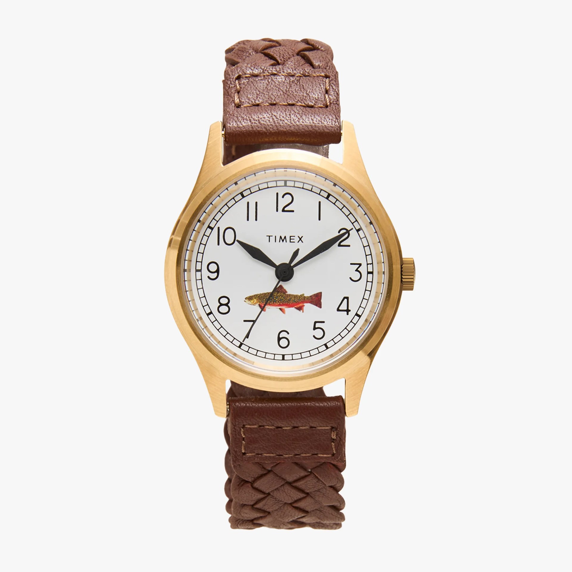 Gold-tone Timex watch with white dial featuring a fish illustration and a brown braided leather strap.