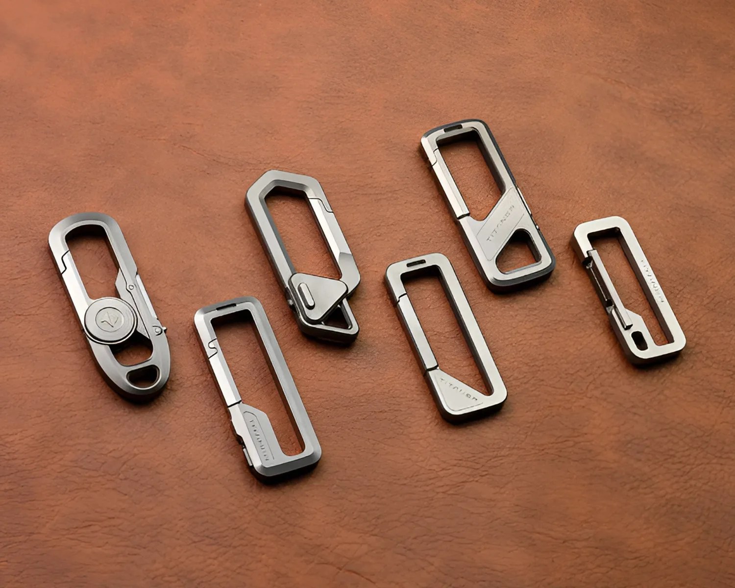 Six silver metal carabiner keychains with various geometric designs arranged on a brown leather surface.