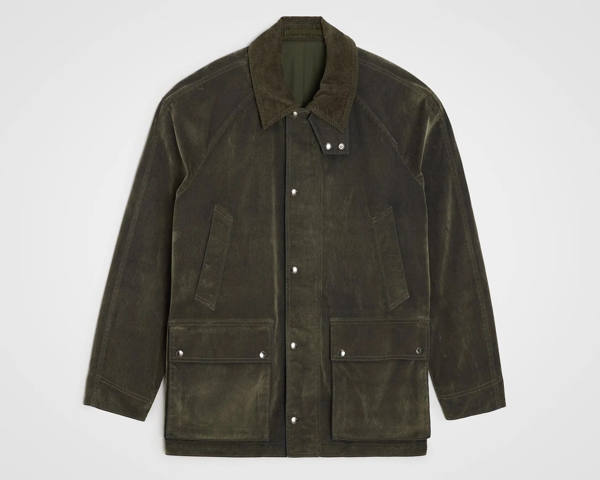 Dark olive green waxed cotton jacket with corduroy collar and snap button pockets.