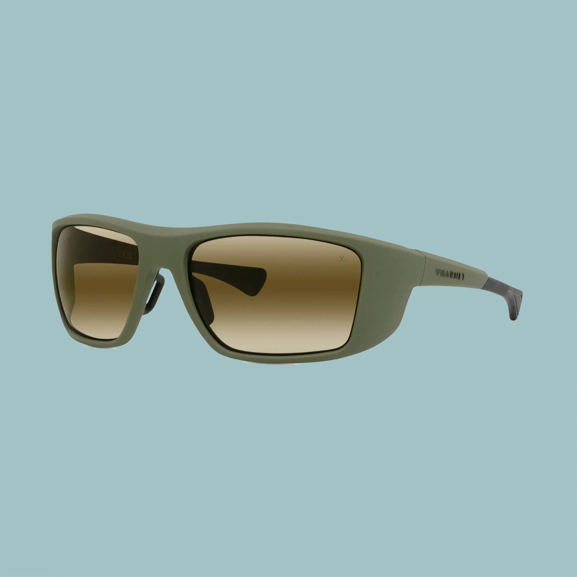 Matte olive green rectangular sunglasses with brown gradient lenses and Vuarnet logo on the temple.
