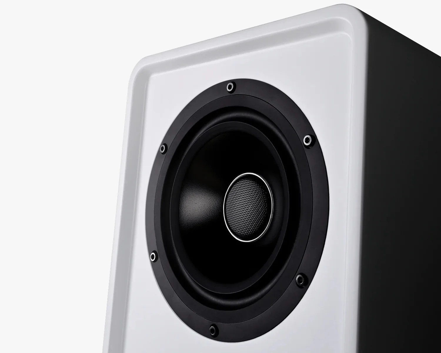 Close-up of a black speaker driver mounted on a white speaker cabinet with rounded edges.