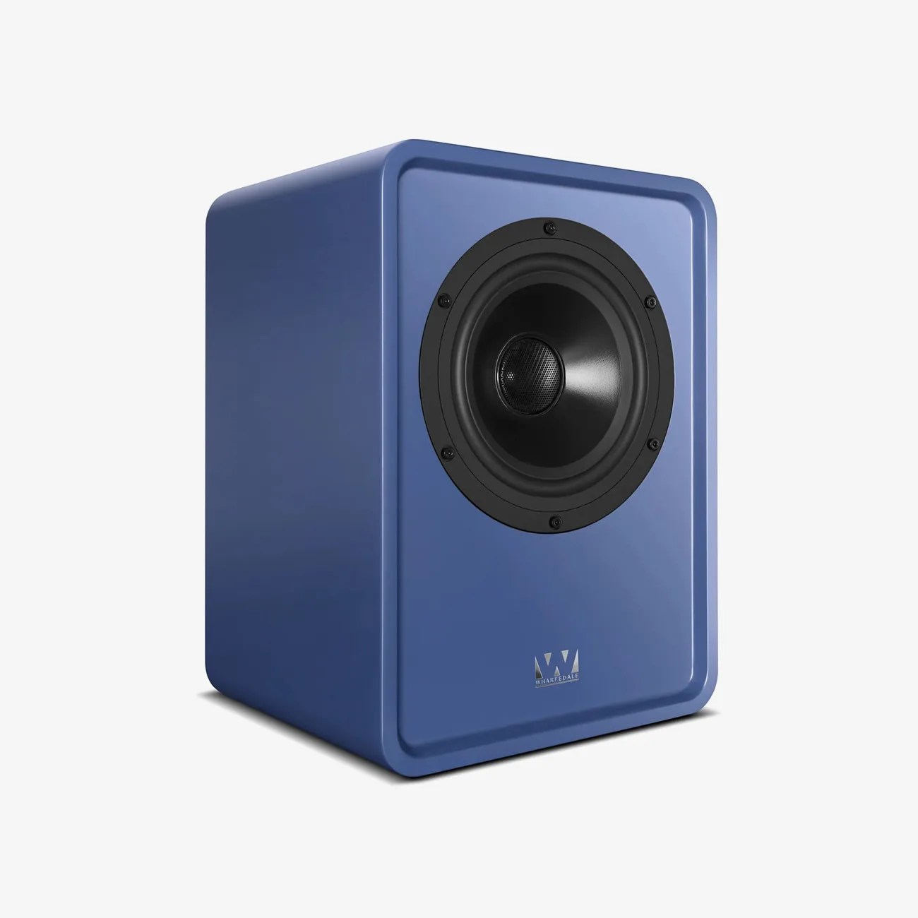 Blue Wharfedale speaker with a single black driver on the front panel.