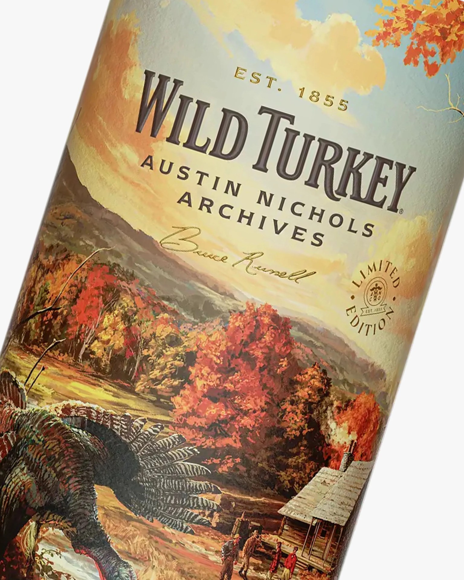 Wild Turkey Austin Nichols Archives bourbon bottle label with autumn landscape and turkey illustration.