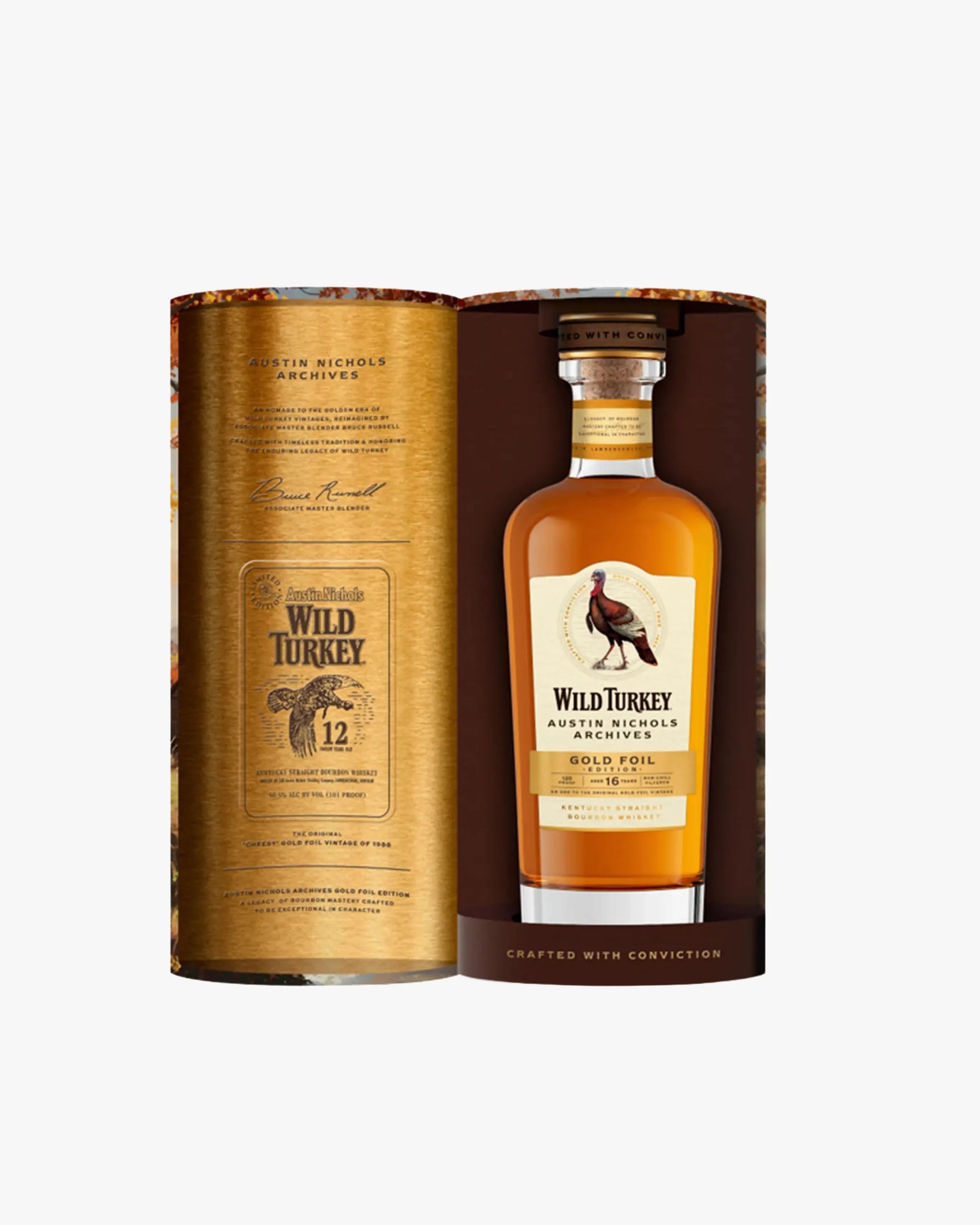 Bottle of Wild Turkey Austin Nichols Archives Gold Foil Edition bourbon whiskey in an open brown and gold box.