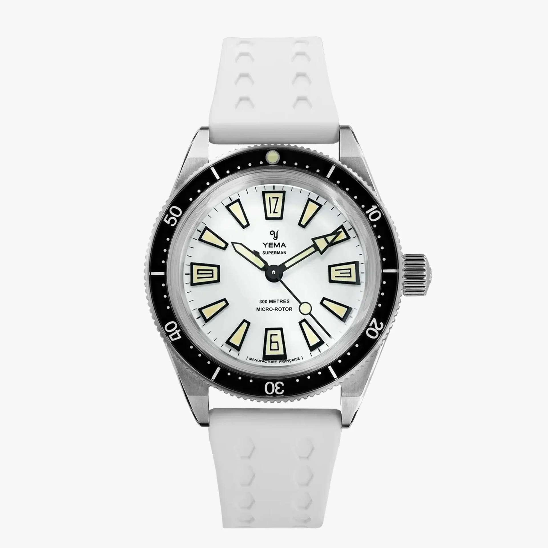 Silver Yema Superman dive watch with white dial, black bezel, and white textured rubber strap.
