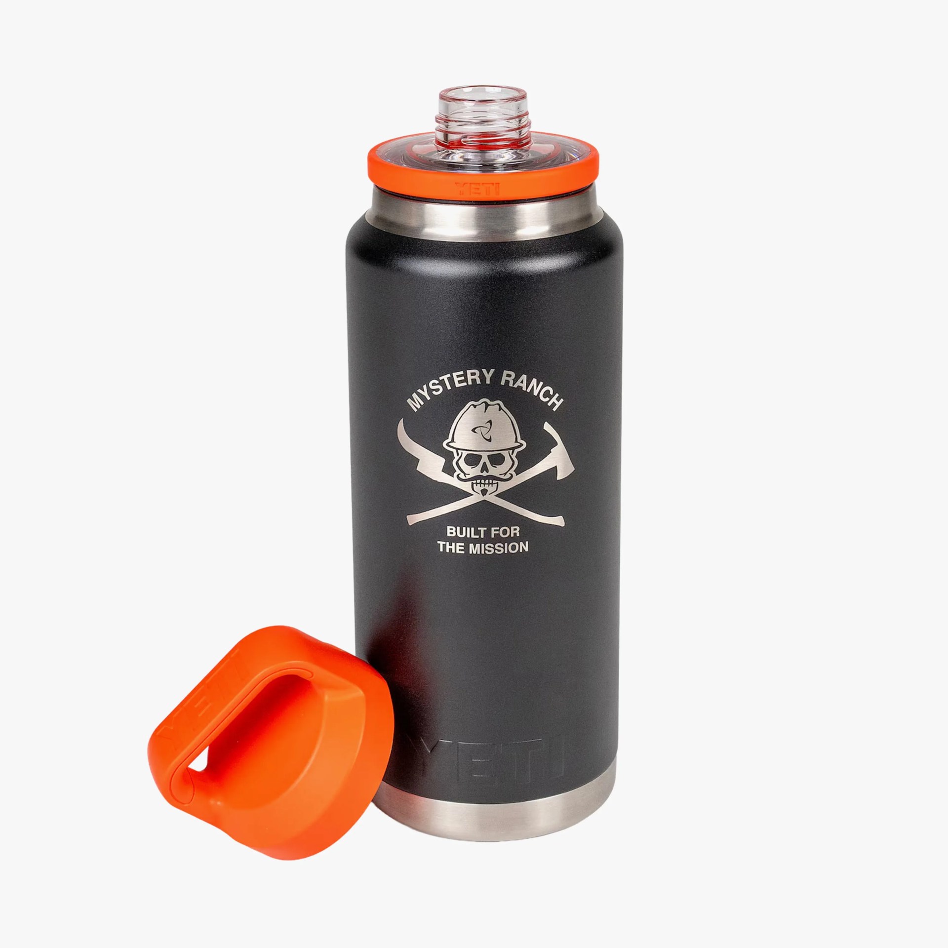 Black Yeti bottle with silver base and orange lid beside it, featuring a skull and crossed tools logo.
