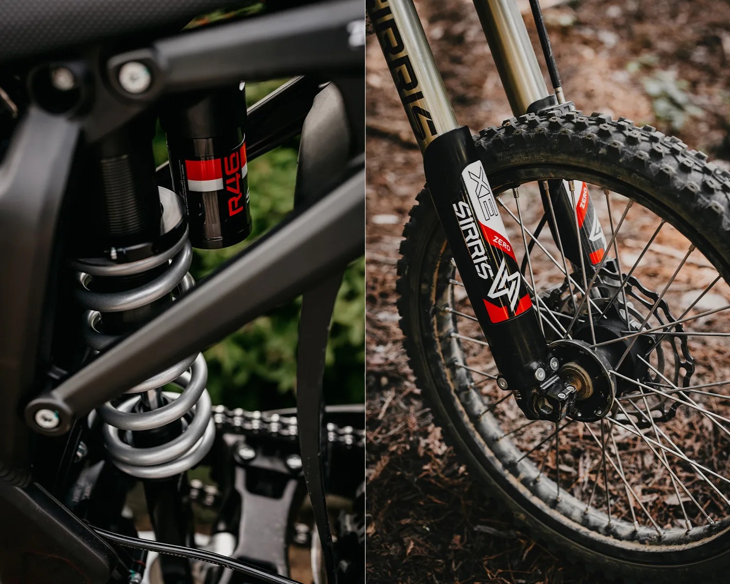 Close-up of a mountain bike's rear coil suspension and front suspension fork with knobby tire on dirt ground.