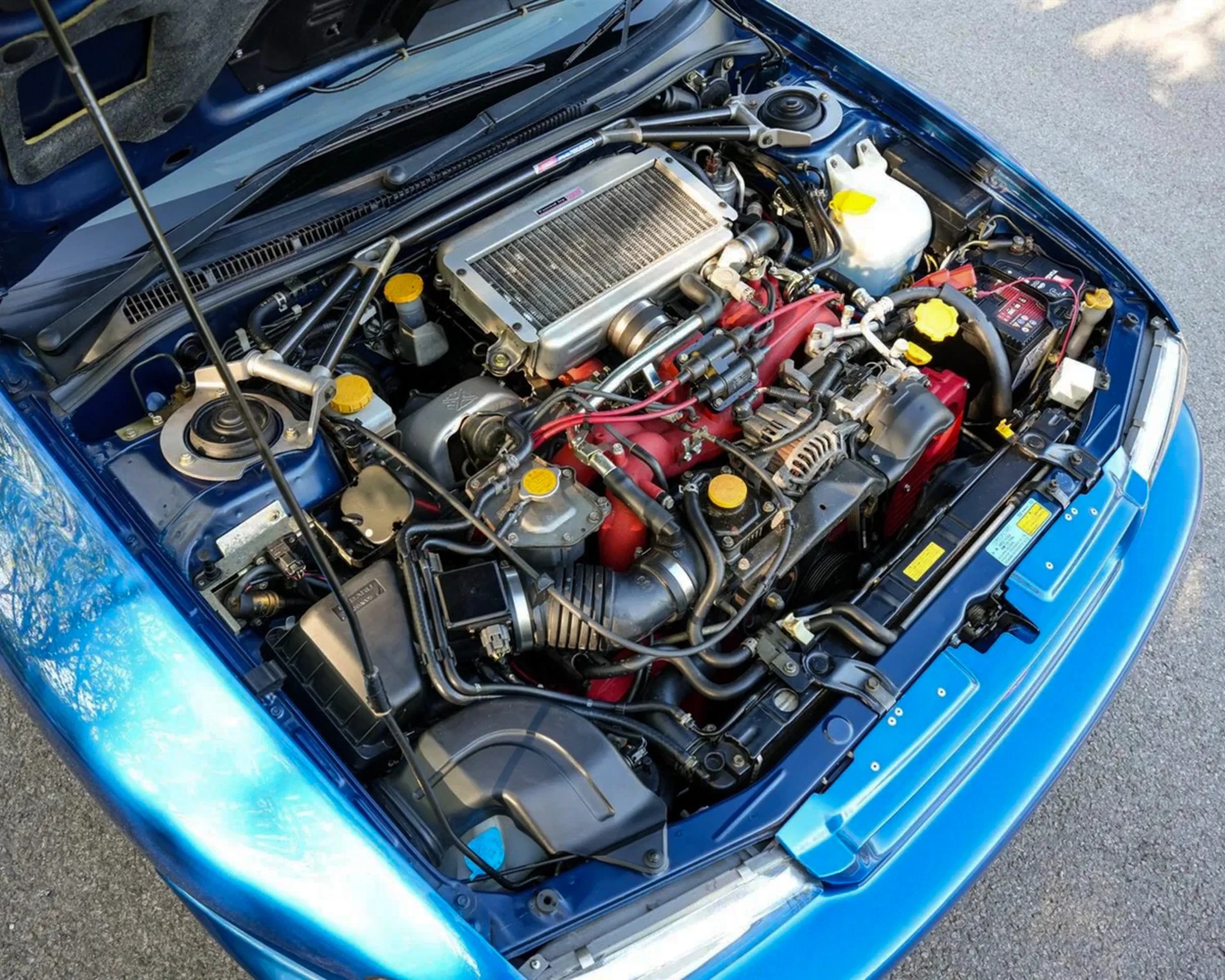 Blue car engine bay with a red intake manifold and silver top-mounted intercooler under an open hood.