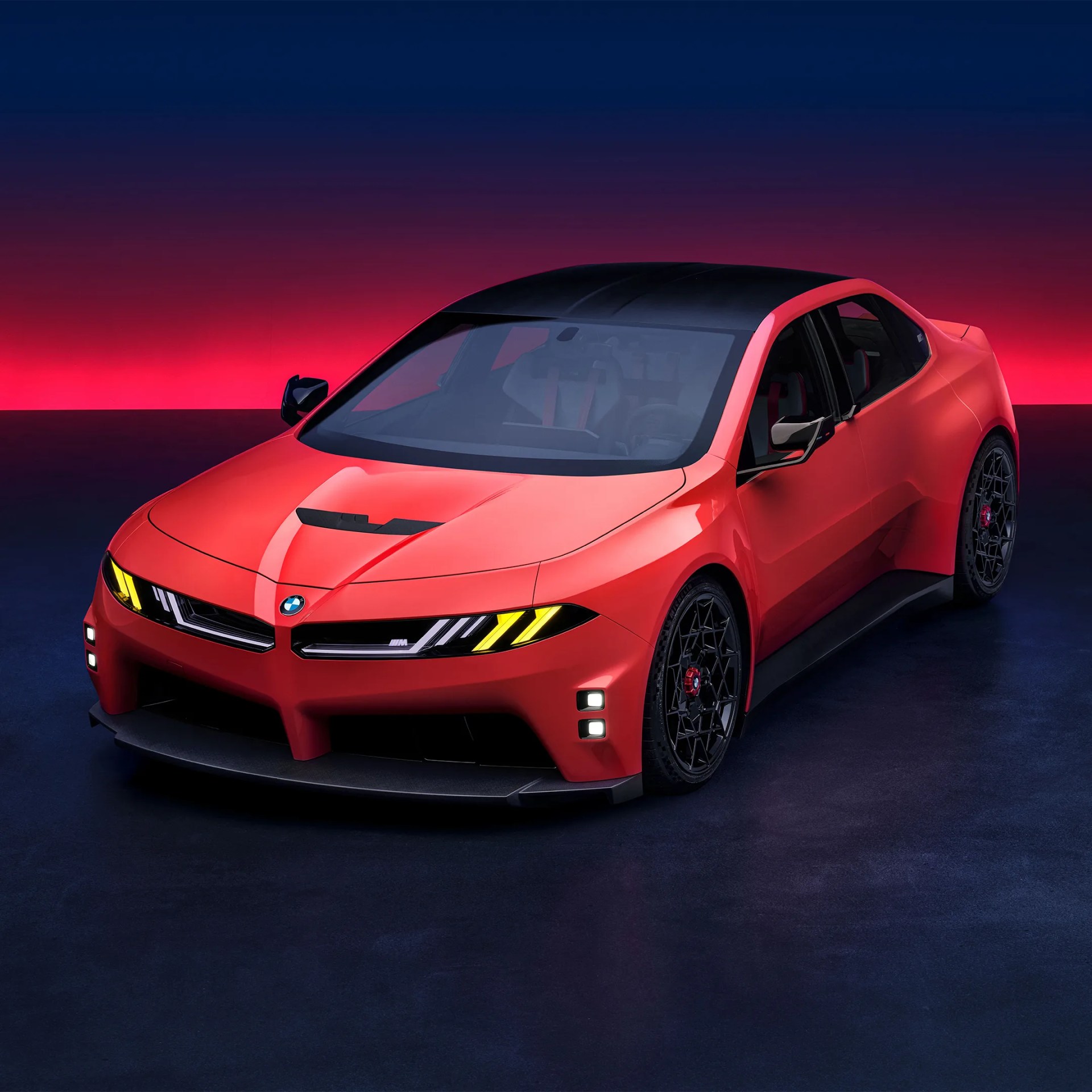 Red BMW sports car with black roof and yellow-accented headlights on dark floor and gradient red-blue background.