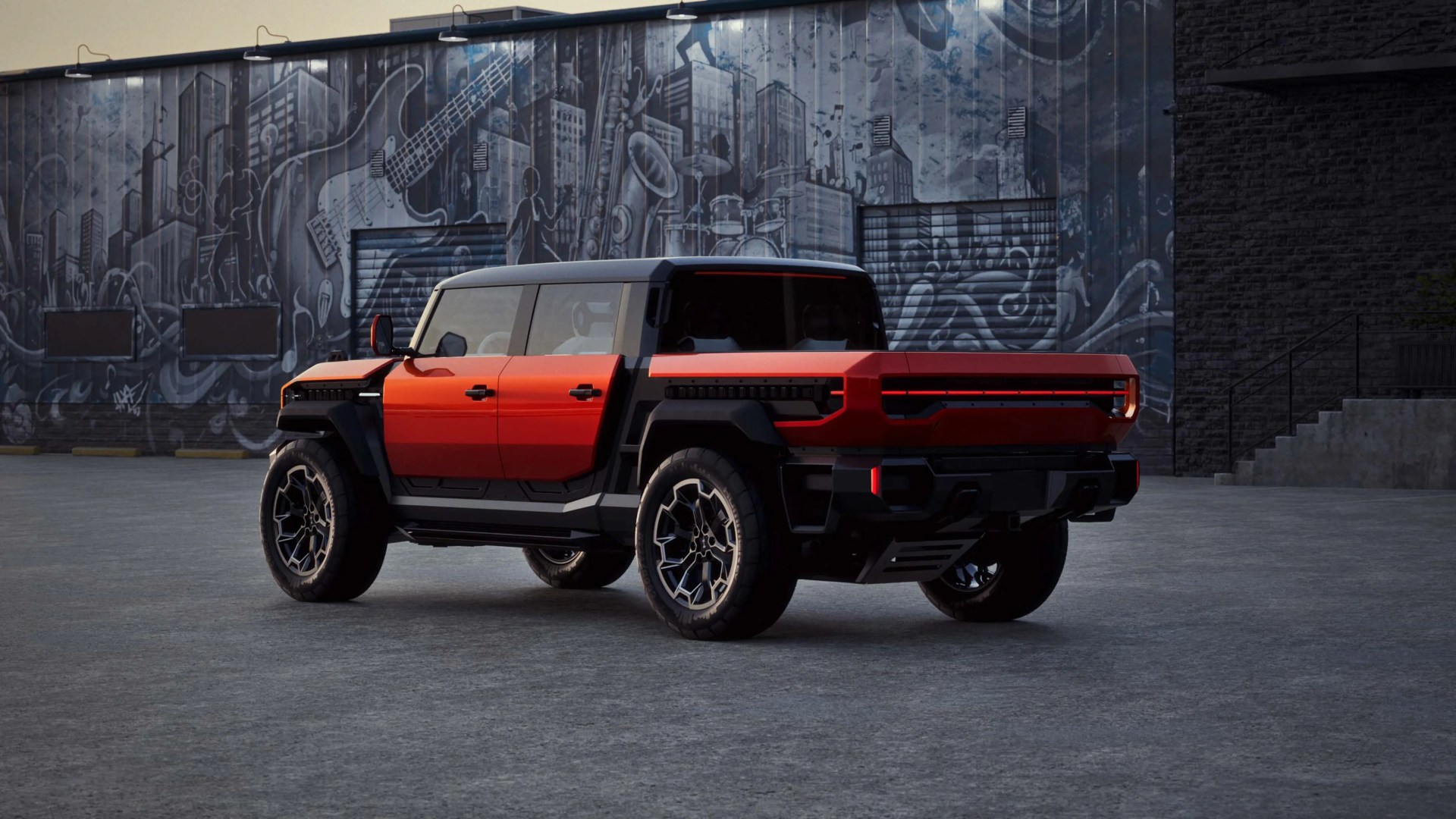 Red and black futuristic electric pickup truck parked in front of a mural with musical instruments and cityscape.
