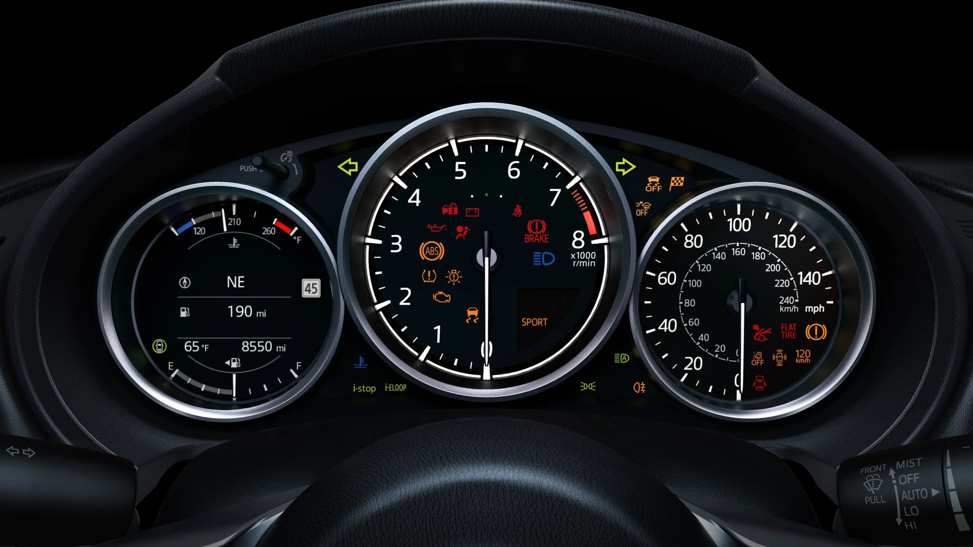 Car dashboard with three circular gauges showing temperature, tachometer with warning lights, and speedometer in mph and km/h.