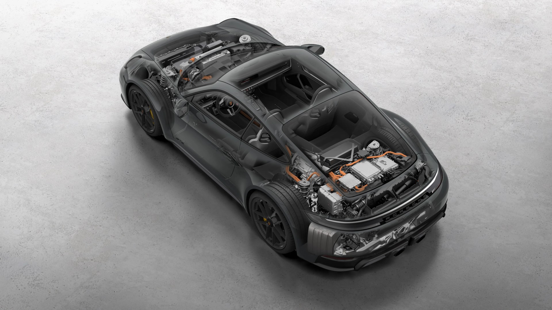 Dark gray Porsche sports car with transparent body showing internal electric components and wiring.