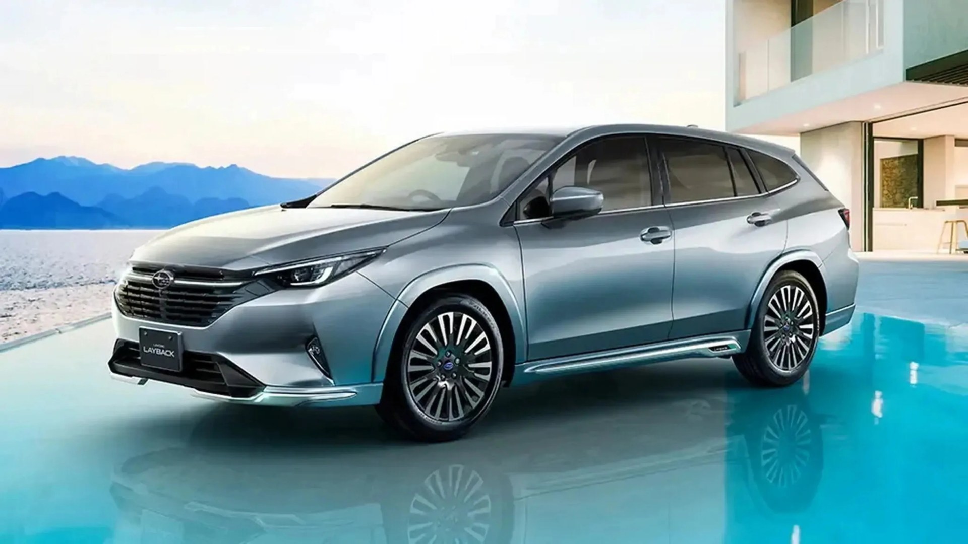 Metallic gray Subaru SUV parked on a glossy blue floor near a modern house with mountains in the background.