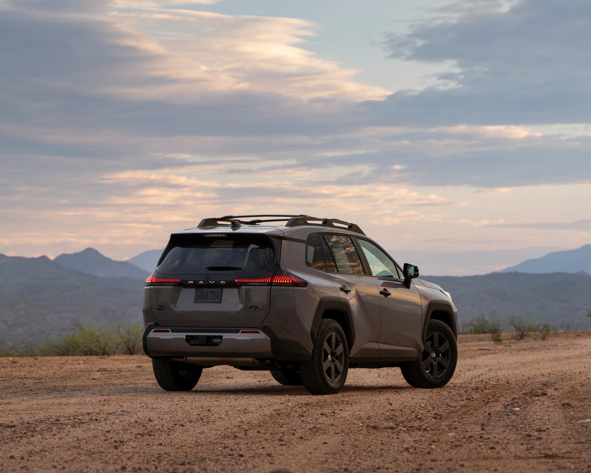 Gray Toyota RAV4 Woodland Edition SUV parked on a dirt road with mountains and cloudy sky in the background.