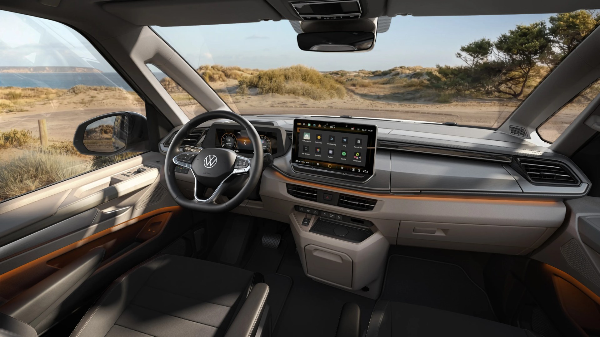 Interior of a Volkswagen vehicle showing a black leather seat, steering wheel with VW logo, and a digital touchscreen dashboard.