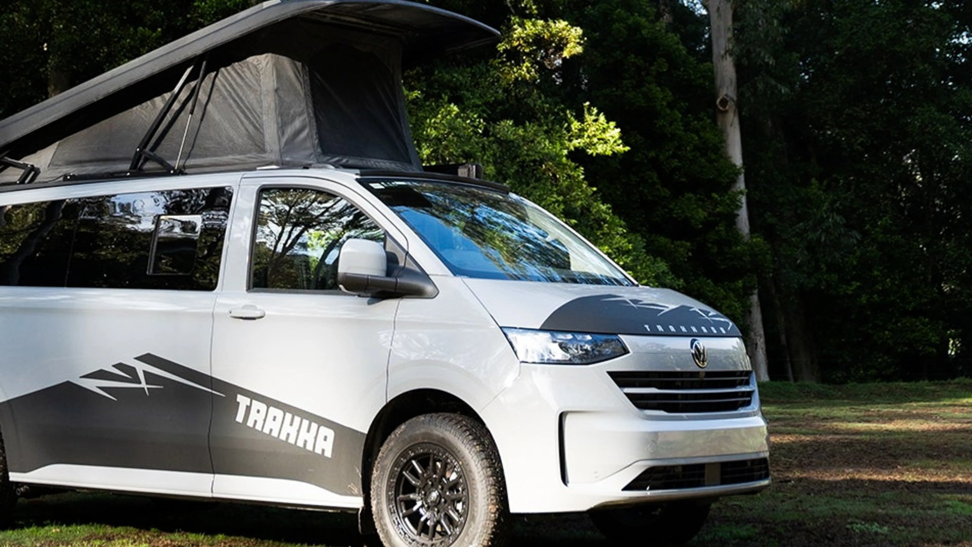 White Volkswagen camper van with black graphics and pop-up roof tent parked on grass near trees.