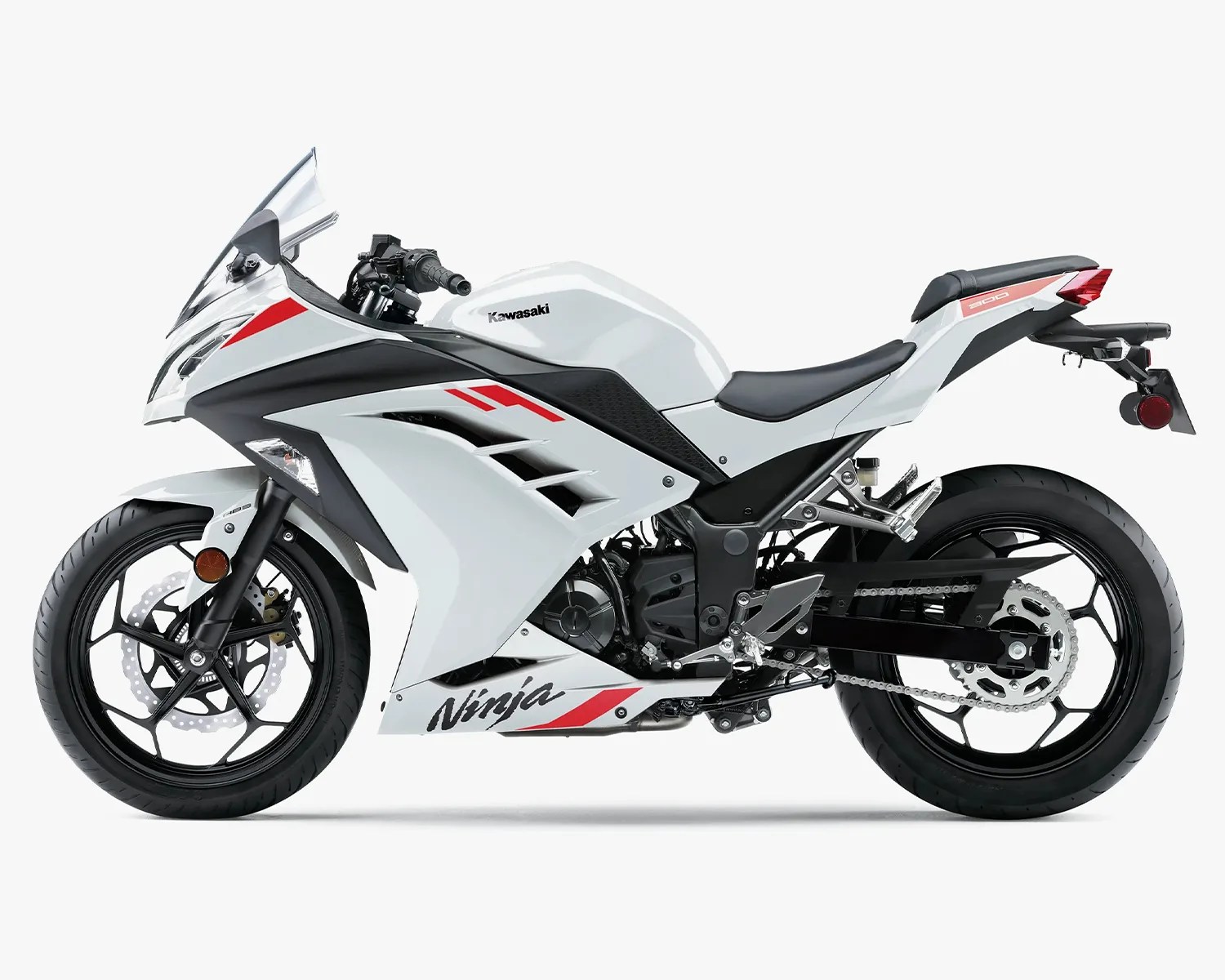 White Kawasaki Ninja 300 sport motorcycle with black and red accents on a white background.
